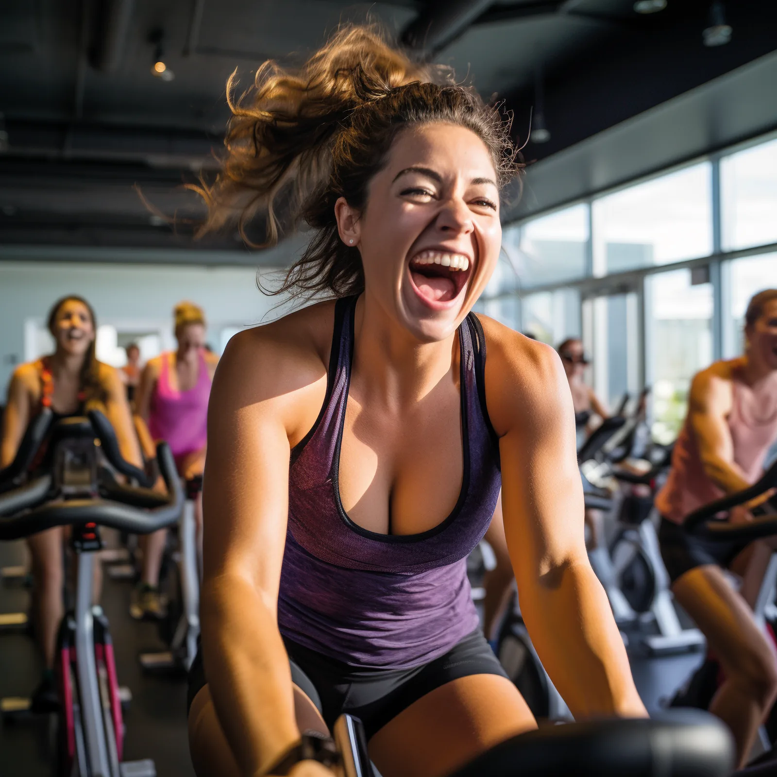 Mulher sorrindo durante aula de bicicleta na academia