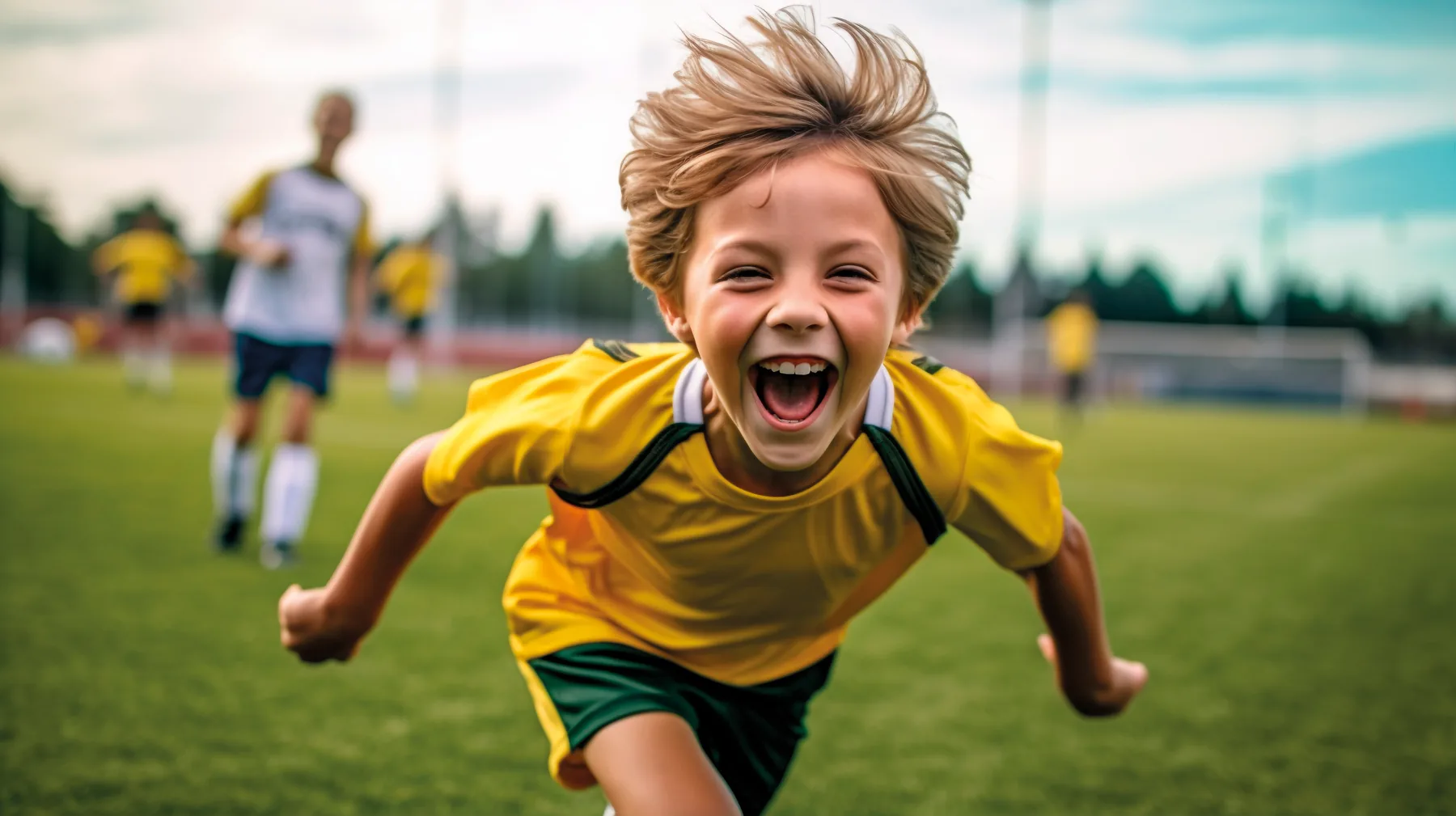 Criança correndo feliz em um campo de futebol